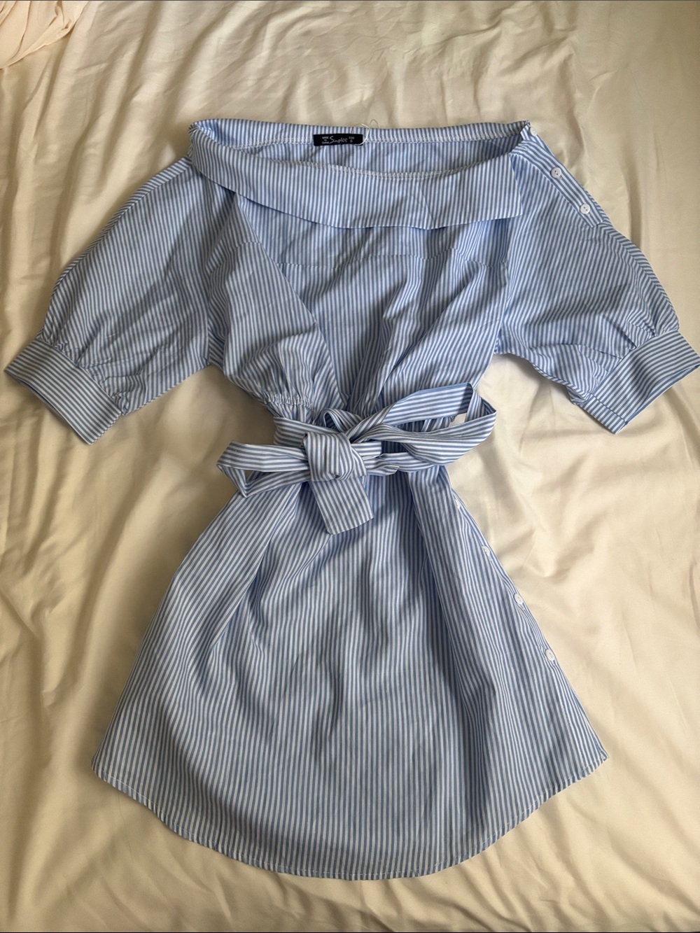 Simplee Apparel Light Blue and White Striped Off-Shoulder Tie-Waist Dress